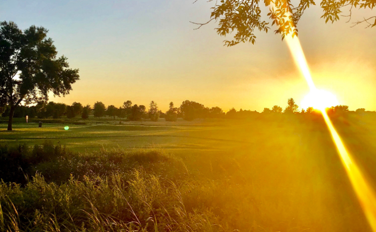 view of golf course green at sunset
